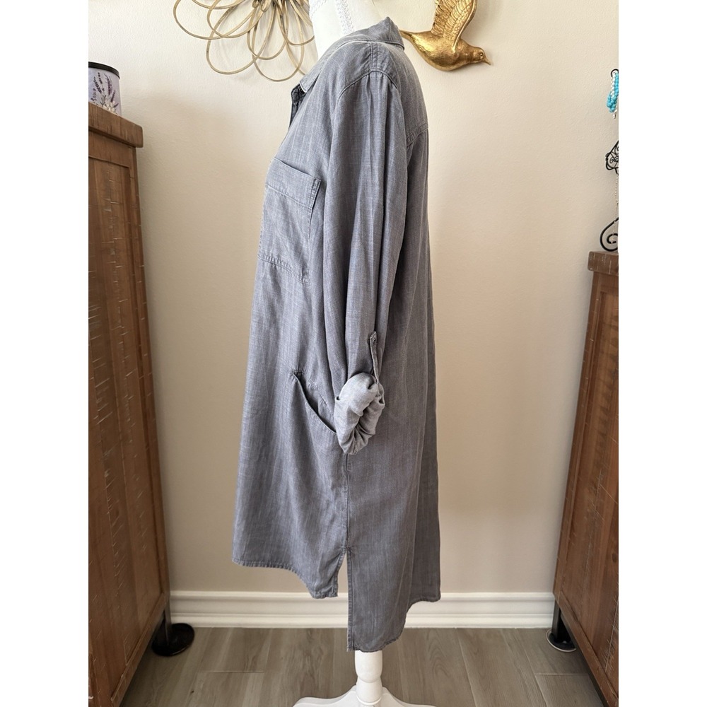 Chelsea & Theodore Tencel Lyocell Shirt Dress Gray XL Roll Tab Pockets Hi Low - Picture 3 of 8